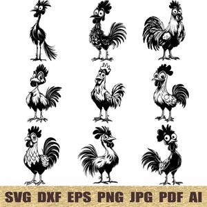 Puede incluir: Un conjunto de nueve ilustraciones de gallos en blanco y negro. Los gallos están en varias poses, algunos con las alas extendidas y otros con la cola levantada. Las ilustraciones son de estilo de dibujos animados y tienen un toque caprichoso.