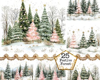 May include: A digital paper pack with 25 festive forest designs featuring pink and green Christmas trees with gold accents. The designs are perfect for scrapbooking, card making, and other paper crafts.