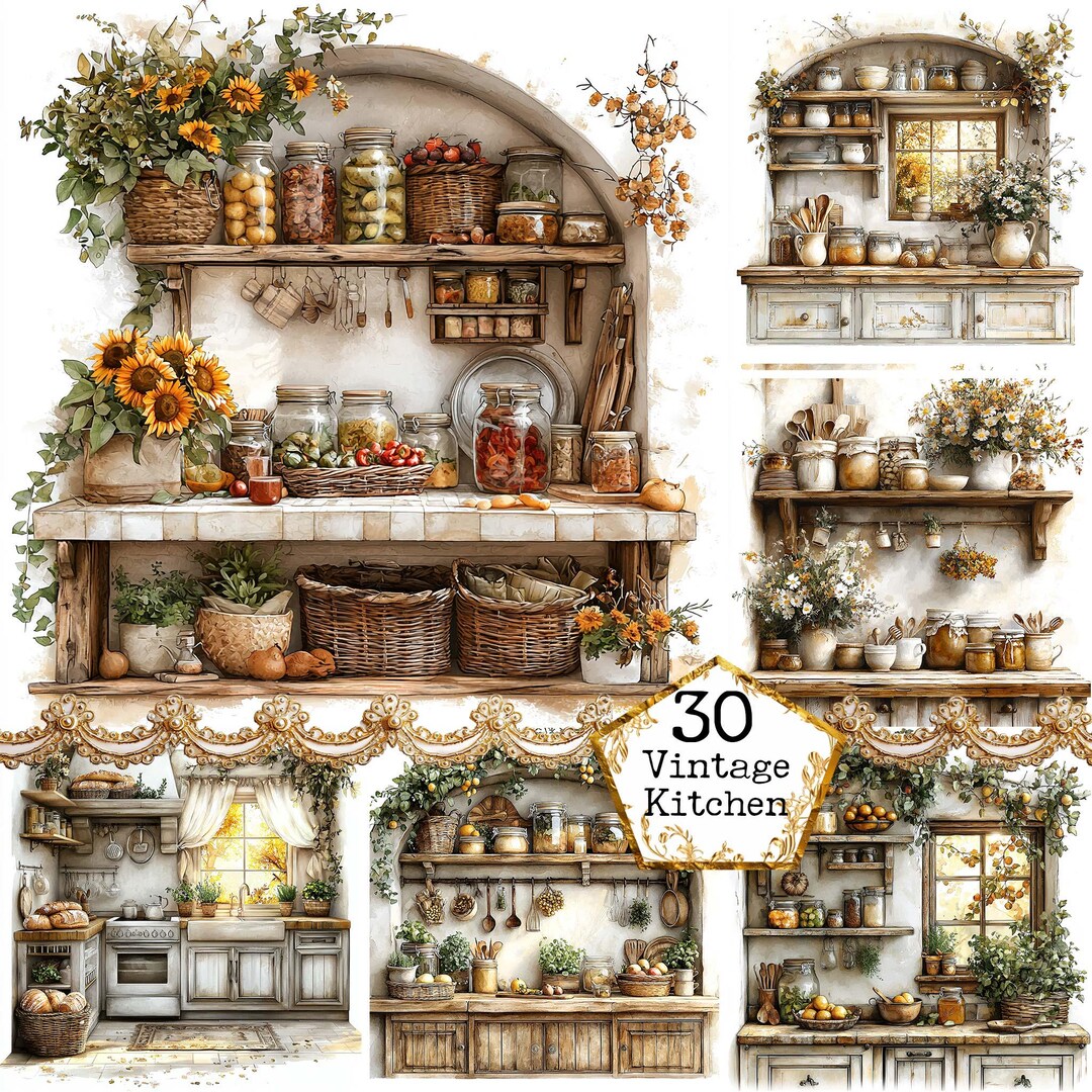 JPEG Vintage Rustic Kitchen Clipart Bundle Kitchen Shelves Pantries ...