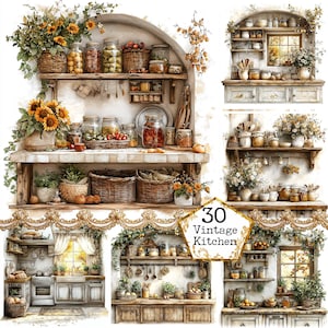 JPEG Vintage Rustic Kitchen Clipart Bundle Kitchen Shelves Pantries Watercolor JPGs Instant Download Paper Crafts Junk Journal Scrapbooking