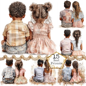 JPEG-aquarel klein meisje en jongen beste vrienden clipartbundel vriendschap clipart instant download papier ambachten ongewenste dagboek scrapbooking
