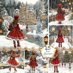 JPEG Acquerello Ragazza Vestita di Rosso Pattinaggio sul Ghiaccio Grafica Inverno Clipart Retro Clipart Download Istantaneo Carta Artigianato Junk Journal Scrapbooking