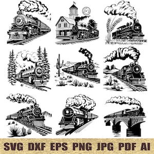 May include: Black and white illustrations of vintage steam trains in various settings. The images include trains on tracks, near buildings, and in landscapes with trees and cacti. The bottom of the image displays file type options: SVG, DXF, EPS, PNG, JPG, PDF, and AI.