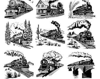Op de afbeelding: Zwart-wit illustraties van vintage stoomtreinen in verschillende omgevingen. De afbeeldingen tonen treinen op rails, in de buurt van gebouwen en in landschappen met bomen en cactussen. Onderaan de afbeelding worden bestandstype-opties weergegeven: SVG, DXF, EPS, PNG, JPG, PDF en AI.
