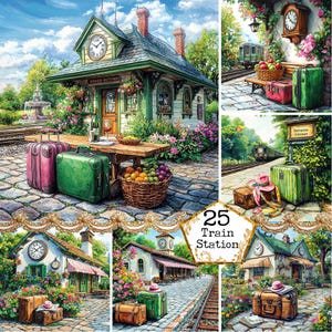 Paquete de imágenes prediseñadas de estación de tren vintage en acuarela JPEG, bolsas de viaje, uso comercial, descarga instantánea, manualidades de papel, diario basura, álbumes de recortes