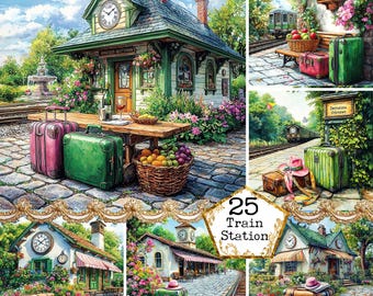 JPEG Watercolor Vintage Train Station Clipart Bundle Traveling Bags Commercial Use Instant Download Paper Crafts Junk Journal Scrapbooking