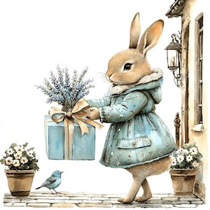 a watercolor painting of a rabbit holding a gift