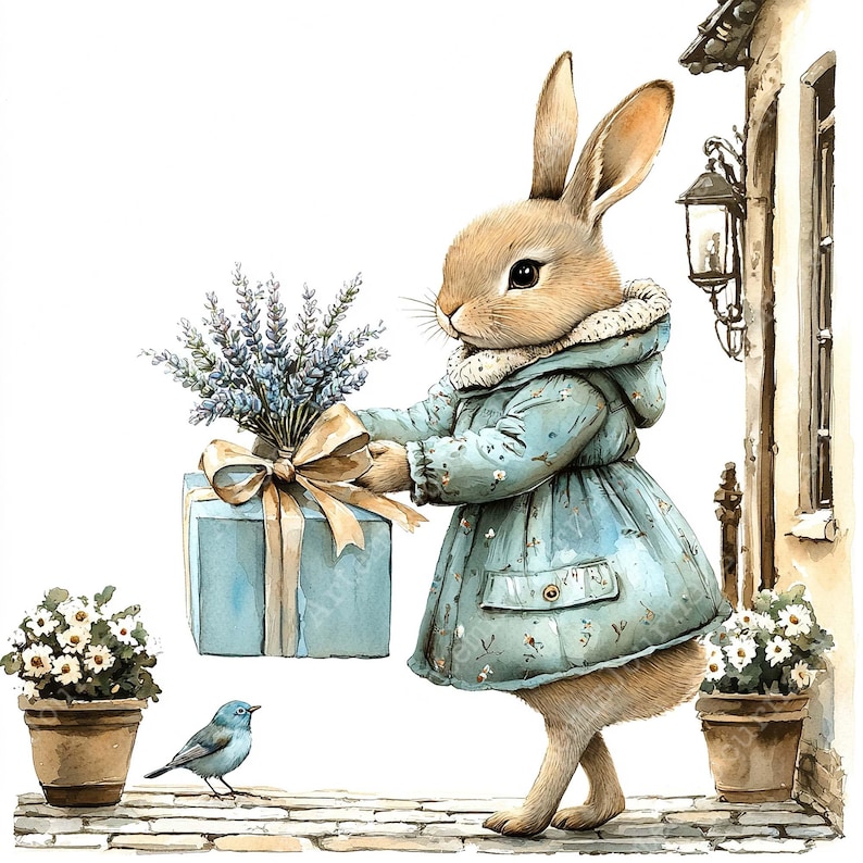 a watercolor painting of a rabbit holding a gift