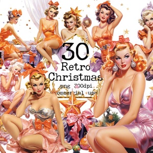 Retro Weihnachten Mädchen Clipart Pin Up Girl Clipar PNG Weihnachten Clipart Bundle Vintage Weihnachten Junk Journal Scrapbooking Instant Download