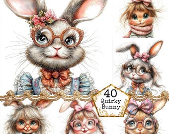 Pacote de imagens JPEG em aquarela de coelhos engraçados, imagens fofas de coelhos, imagens de coelhos excêntricos, download instantâneo, artesanato em papel, scrapbooking e diários de arte.