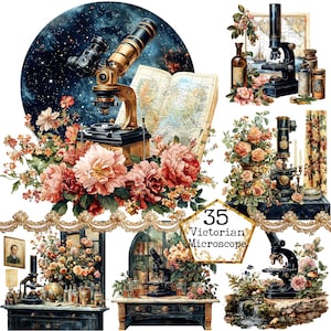Könnte beinhalten: Eine Sammlung von antiken Mikroskopen mit filigranen Details und floralen Akzenten. Die Mikroskope sind von Blumen, Büchern und anderen wissenschaftlichen Instrumenten umgeben. Das Bild hat eine verspielte und romantische Atmosphäre.