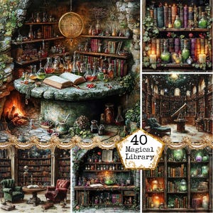 Arrière-plans de la bibliothèque magique JPEG Bibliothèque magique imprimable Papier numérique Commercial Téléchargement instantané Artisanat en papier Journal indésirable Scrapbooking
