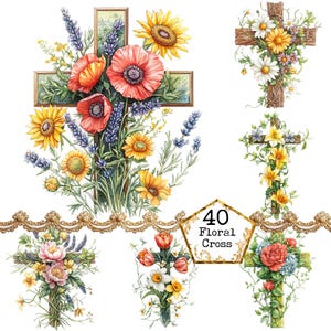 PNG + JPEG aquarelle floral croix Clipart Bundle Clipart religieux Clipart chrétien Téléchargement instantané Paper Craft Junk Journal Scrapbooking