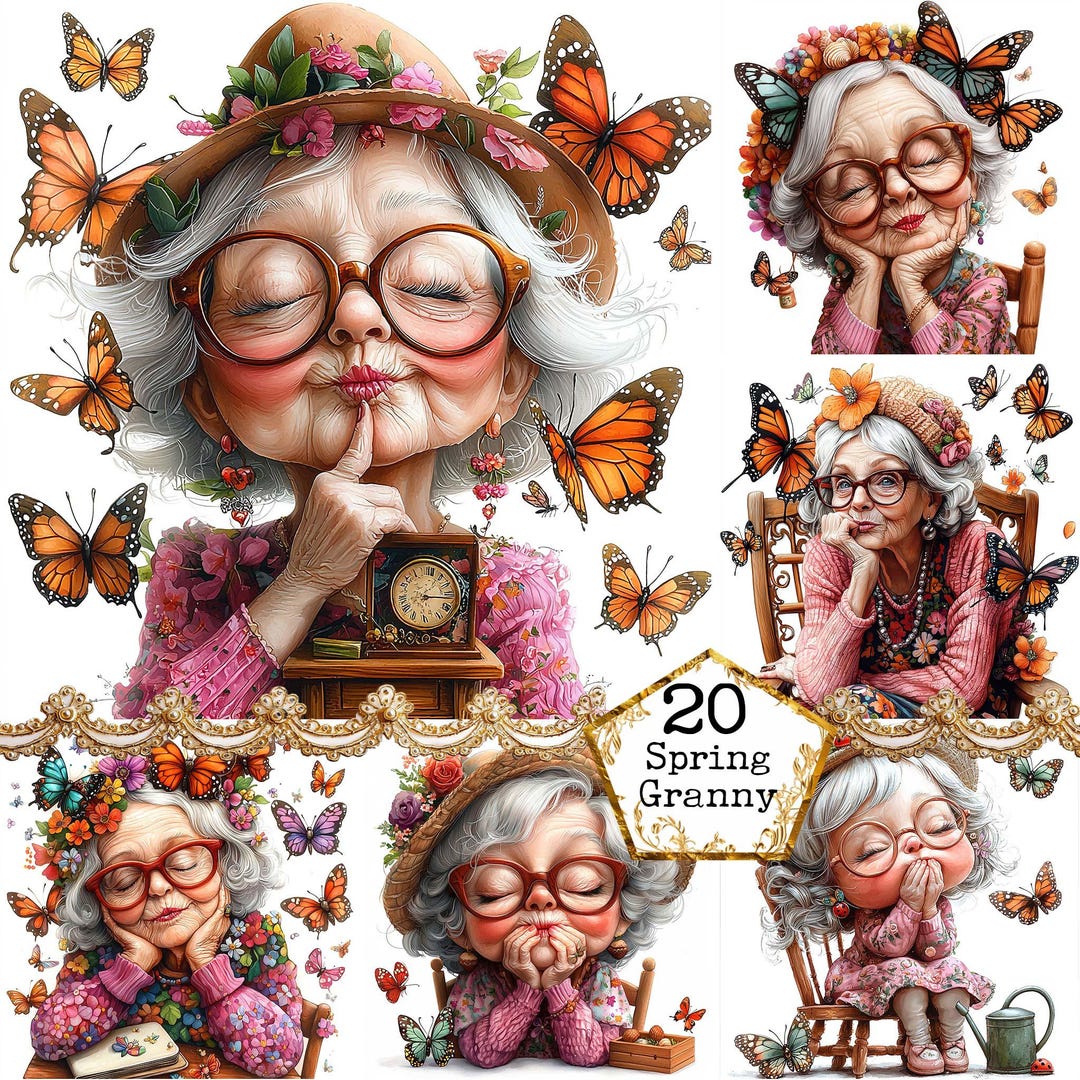 JPEG Watercolor Spring Granny Clipart Bundle Funny Elderly Lady Cute ...