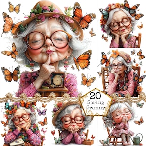 Paquete de imágenes prediseñadas de abuela primaveral en acuarela JPEG, divertida anciana, linda abuela, descarga instantánea, manualidades de papel, diario basura, álbumes de recortes