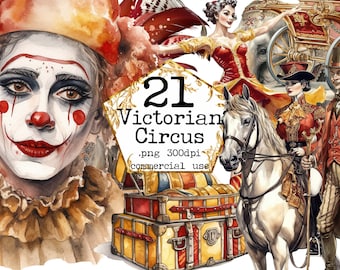 Victorian Vintage Circus Watercolor Clipart, Victorian circus, elephant, gymnast, clown Scrapbook, Junk Journal, Paper Crafts Scrapbooking