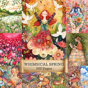 260 Aquarell wunderliche Frühling - Druckbare Seiten, Fantasy Bilder Junk Journal, Fantasy Digital Collage Sheet