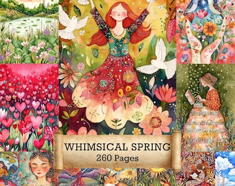 260 Watercolor Whimsical Spring - Printable Pages, Fantasy Images Junk Journal, Fantasy Digital Collage Sheet