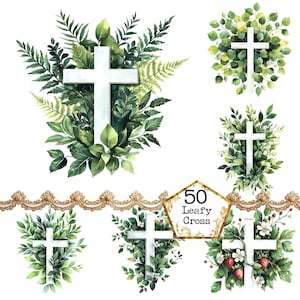 PNG + JPEG fougère aquarelle croix Clipart Bundle Clipart religieux Clipart chrétien Téléchargement instantané Papier Artisanat indésirable Journal Scrapbooking