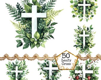 PNG + JPEG Watercolor Fern Cross Clipart Bundle Religious Clipart Christian Clipart Instant Download Paper Crafts Junk Journal Scrapbooking