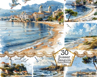 Seaside Charm: Mediterranean Village Clipart Collection JPEG Seagulls Sunny Day JPEG Instant Download Paper Crafts Junk Journal Scrapbooking