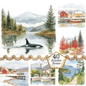 JPEG Watercolor Alaska Clipart Bundle City Clipart Landscape Clipart Wilderness Instant Download Paper Crafts Junk Journal Scrapbooking