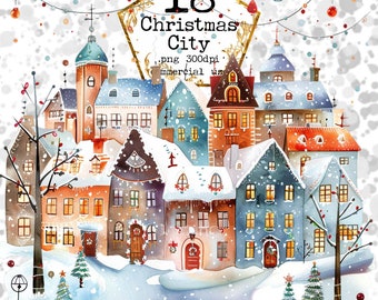 Watercolor Christmas Town Clipart Bundle Watercolor House Whimsical Town Commercial Instant Download Paper Crafts Junk Journal Scrapbooking