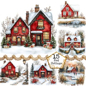 JPEG aquarel winter rood huisje clipart bundel kerstversiering clipart instant download papier ambachten ongewenste dagboek scrapbooking