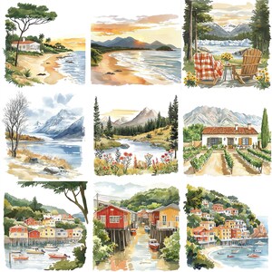 May include: A watercolor painting depicting nine different scenes of coastal and mountain landscapes. The scenes include a beach with a house, a lake with mountains in the background, a river with a house and vineyard, and a village with houses on stilts over the water.