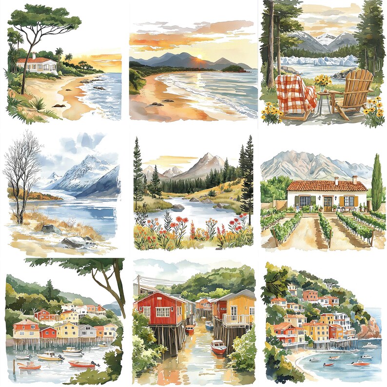 May include: A watercolor painting depicting nine different scenes of coastal and mountain landscapes. The scenes include a beach with a house, a lake with mountains in the background, a river with a house and vineyard, and a village with houses on stilts over the water.