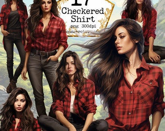 Checkered Shirt Clipart Bundle Casual Clothes Clipart Pretty Girl Clipart Brunette Instant Download Paper Crafts Junk Journal Scrapbooking