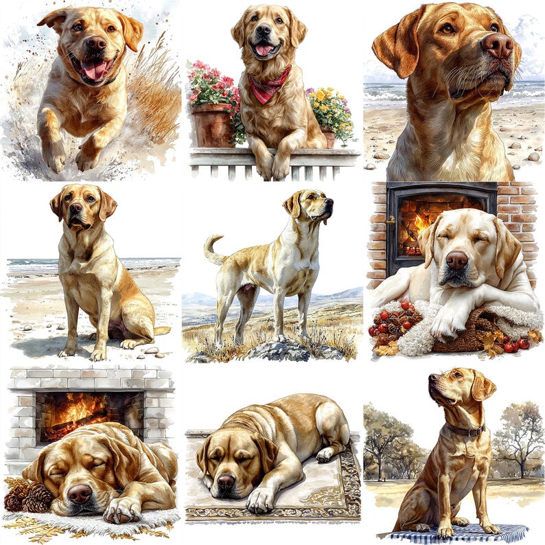 May include: A collage of nine images featuring Labrador Retrievers in various settings. The dogs are depicted in different poses, including sitting, standing, and sleeping. Some of the dogs are in outdoor settings, while others are in indoor settings. The images are all in a realistic style.