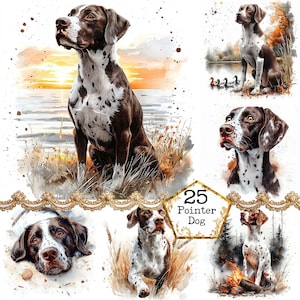 以下が含まれることがあります： 夕焼けの風景、森の風景、背の高い草のフィールドなど、さまざまな設定で茶色と白のポインター犬を描いた水彩画のコレクション。絵画は「25 Pointer Dog」というタイトルです。