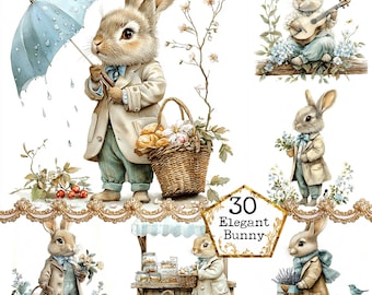 Pacchetto di clipart di conigli primaverili in formato JPEG, acquerello, animale, personaggio, fiaba, download istantaneo, artigianato di carta, diario spazzatura, scrapbooking