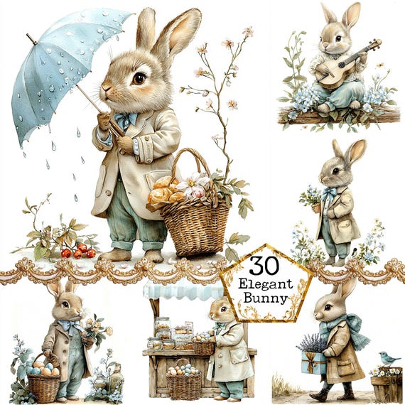 JPEG Watercolor Spring Rabbit Clipart Bundle Watercolor Animal Character Fairytale Instant Download Paper Crafts Junk Journal Scrapbooking