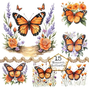 PNG + JPEG aquarelle papillon monarque Clipart Bundle Floral papillon Clipart Instant Download Paper Crafts Junk Journal Scrapbooking