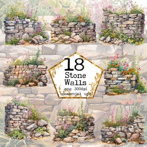 PNG Acquerello coperto di vegetazione muro di pietra Clipart Bundle floreale muro di pietra PNG Download istantaneo artigianato di carta Junk Journal Scrapbooking