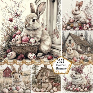 JPEG Vintage Easter Bunny Illustrations Easter Floral Rabbit Clipart Botanical Bunny Instant Download Paper Crafts Junk Journal Scrapbooking