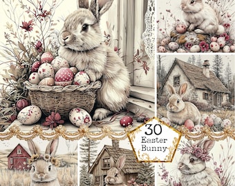 JPEG Vintage Easter Bunny Illustrations Easter Floral Rabbit Clipart Botanical Bunny Instant Download Paper Crafts Junk Journal Scrapbooking