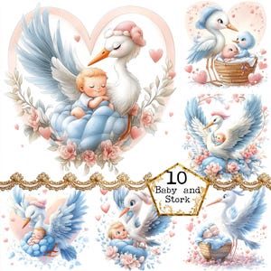 JPEG Acquerello Cicogna bambino Clipart Bundle Asilo nido Clipart Baby Shower Card Making Download immediato Artigianato di carta Diario spazzatura Scrapbooking