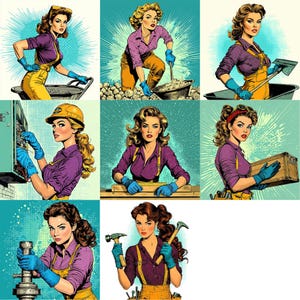 May include: A collage of nine illustrations featuring women in various work settings. Each woman is depicted in a retro comic book style, wearing overalls and holding tools. The illustrations include a woman working on electrical wiring, a woman using a hammer, a woman using a shovel, a woman using a wrench, a woman using a saw, a woman using a paintbrush, a woman using a screwdriver, a woman using a level, and a woman using a tape measure.