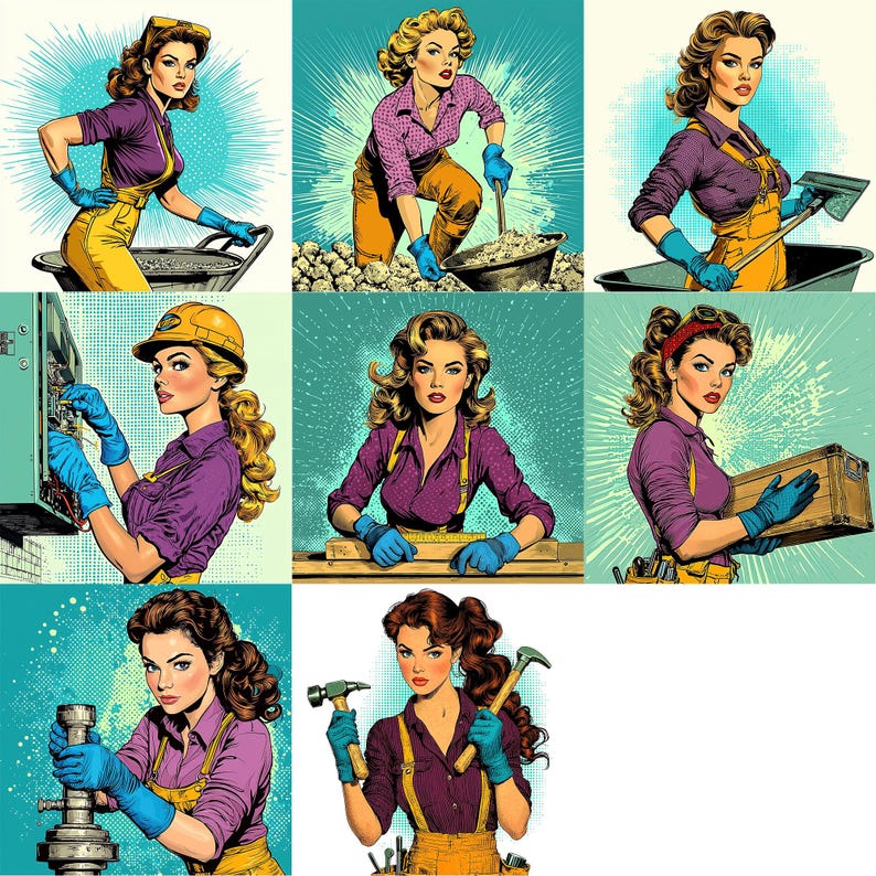May include: A collage of nine illustrations featuring women in various work settings. Each woman is depicted in a retro comic book style, wearing overalls and holding tools. The illustrations include a woman working on electrical wiring, a woman using a hammer, a woman using a shovel, a woman using a wrench, a woman using a saw, a woman using a paintbrush, a woman using a screwdriver, a woman using a level, and a woman using a tape measure.