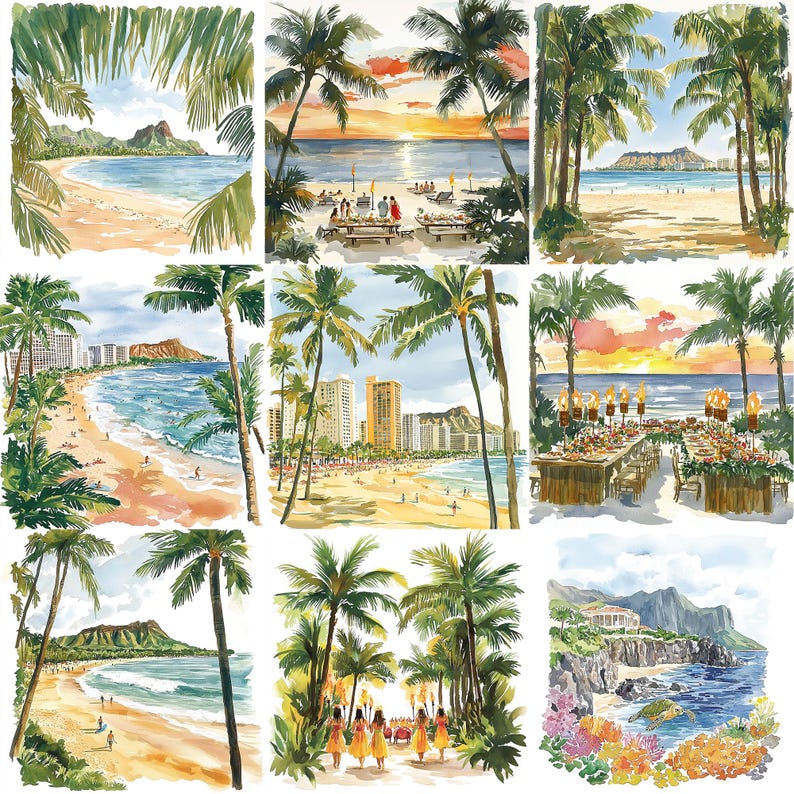 a bunch of pictures of a beach with palm trees