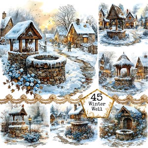 Gráficos de paisajes invernales con acuarela JPEG, ilustración de invierno, uso comercial, descarga instantánea, manualidades con papel, diario basura, álbumes de recortes