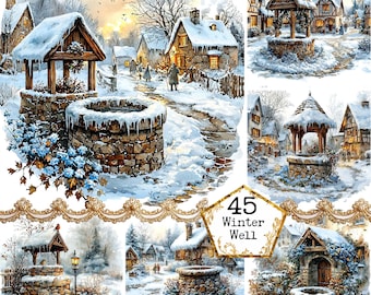 JPEG Watercolor Winter Well Scenery Graphics Winter Illustration Commercial Use Instant Download Paper Crafts Junk Journal Scrapbooking