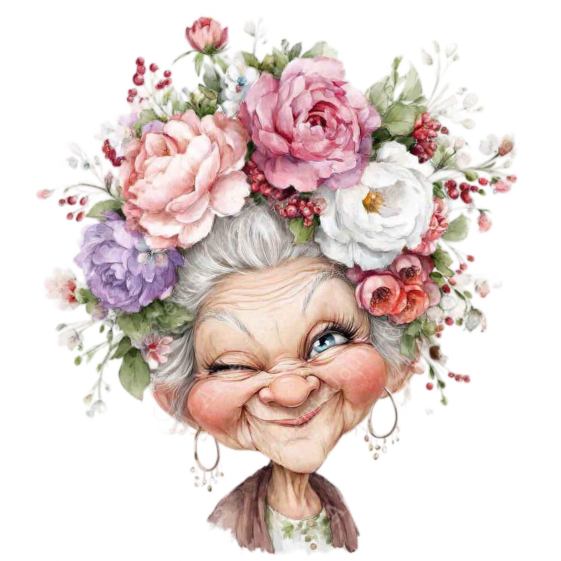 Older Lady Taking Selfies - Watercolor Clipart Bundle PNG + JPEG Paper ...