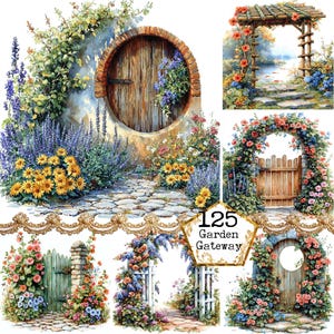 JPG GRANDE Aquarela Primavera Jardim Portões Clipart Pacote Aquarela Entrada Floral Porta Instantâneo Download Papel Artesanal Junk Journal Scrapbooking