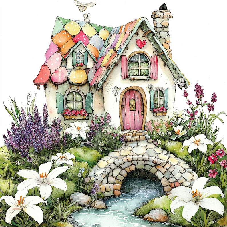 May include: A whimsical cottage with a colorful patchwork roof, a pink door, and a stone bridge over a stream. The cottage is surrounded by a lush garden with white lilies and purple flowers.