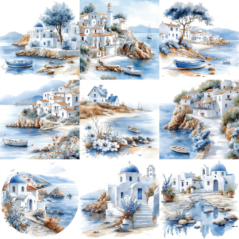 a watercolor painting of a small island with boats