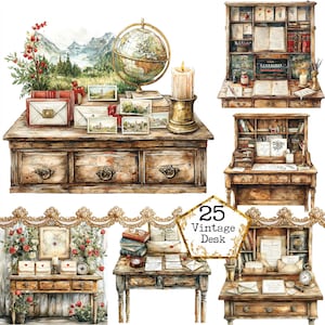 Paquete de imágenes prediseñadas de escritorio de trabajo rococó vintage con acuarela, imágenes prediseñadas comerciales antiguas en formato JPEG, descarga instantánea, papel, manualidades, diario basura, álbumes de recortes